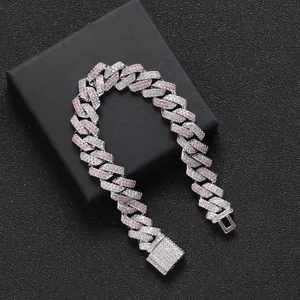 Bracelet cubain 13mm hip hop avec zircons roses et blancs alternés sur boîte noire