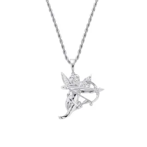 Silver solid Cupid angel pendant necklace with a detailed rope chain in hip hop style