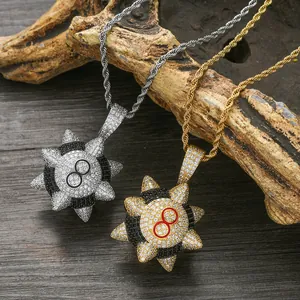 Collier Pendentif Boule à Pointes Hip Hop Chaîne de Corde en Acier Inoxydable Cuivre Plaqué Or Zircone Chiffre 8 Noir