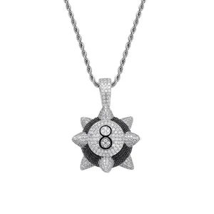 Collier pendentif boule 8 épineuse de hip-hop avec zircons pavés et chaîne torsadée argent