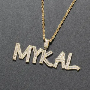 Custom gold plated MYKAL letter pendant necklace with sparkling cubic zirconia on rope chain