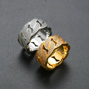 Bague Maille Cubaine Hip Hop Iced Out Homme Cuivre Zircone Plaqué Or Argent Chaîne Tendance Bijoux de Doigt