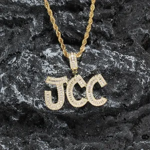 Hip hop style gold rope chain necklace with iced out JCC baguette CZ letter pendant