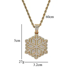 Detailed dimensions of the iced-out gold snowflake pendant necklace with rope chain