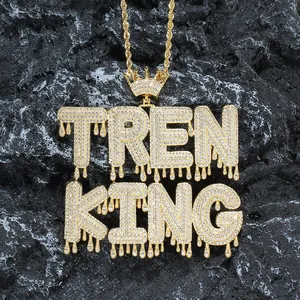 Collier pendentif couronne Tren King hip hop avec chaîne torsadée dorée et zircons