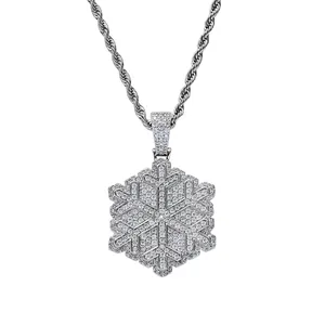 Sparkling snowflake pendant necklace with iced out cubic zirconia and twist rope chain