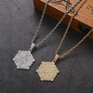 Iced out snowflake pendant necklace with cubic zirconia in silver and gold hip hop style