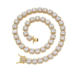 Macro detail of 10mm square cubic zirconia hip-hop tennis chain with iced-out box clasp
