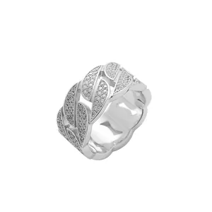 Bague chaîne cubaine argentée pour hommes avec zircons sertis au style hip hop
