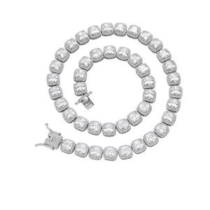 Close-up of 10mm square zircon tennis necklace with secure box clasp and safety latch