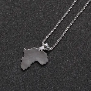Silver Africa map pendant with polished metal finish on a classic rope chain detail
