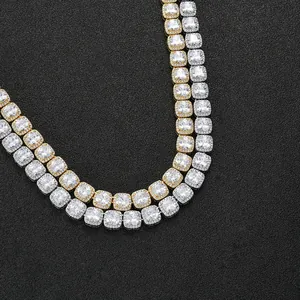 10mm square zircon tennis necklace in gold and silver finish with full pave setting