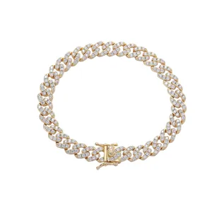 Tobillera Cuban de 8mm dorada para mujer con brillantes diamantes de imitación y cierre seguro