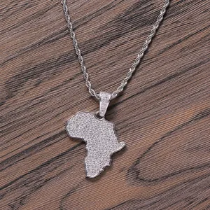 Hip hop Africa map pendant necklace with micro-pave zircons and silver rope chain
