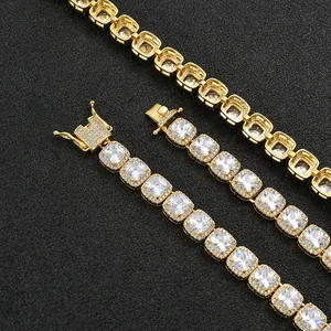 Men's hip hop 10mm square zirconia tennis chain with gold plating and paved clasp