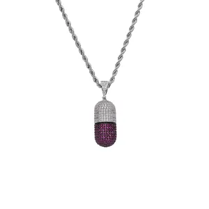 Collar hip-hop con colgante de cápsula y circonitas púrpuras y blancas en cadena
