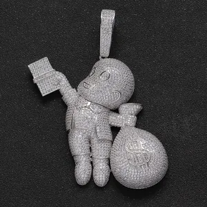 Pendentif Hip Hop en argent 925 avec personnage de dessin animé, sac d'argent et zircons