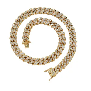 Detailed close-up of 12mm gold Cuban chain link necklace with encrusted sparkling zircon stones