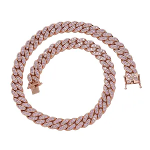 Detail of rose gold Cuban link necklace featuring micro-pave set pink sparkling crystals
