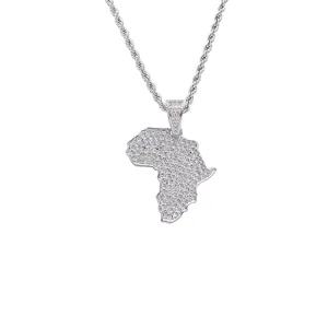 Hip hop Africa map pendant necklace with shimmering white zircons and silver rope chain