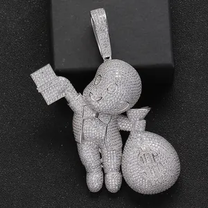 Collier Pendentif Homme Riche Dessin Animé en Argent Sterling 925 Hip Hop Avec Zirconia Incrusté Signe Dollar Bijoux