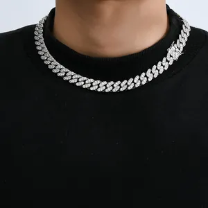 12mm silver cuban link necklace with cubic zirconia on male model over black shirt