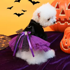 Halloween Pet Dress Velvet Mesh Tutu Skirt Pumpkin Ghost Skull Pattern Dog Cat Costume Festival Party Puppy Clothes