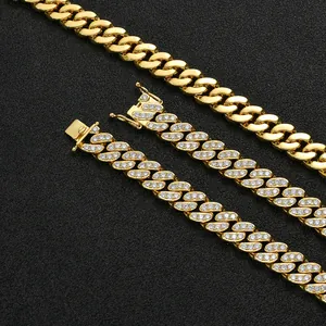 12mm gold Cuban link chain necklace and iced out zircon bracelets set for men