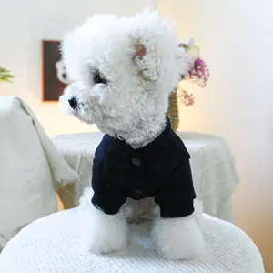 Nahaufnahme der schwarzen Hunde-Strickjacke mit Knöpfen, getragen von einem Bichon Frisé