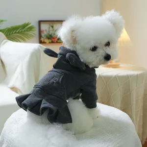 Detail of dark grey pet hoodie dress with rabbit ear hood and back pocket for small dogs