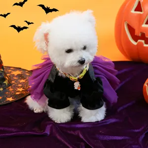 Detail of Halloween pet dress with black velvet top and purple layered mesh skirt