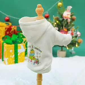 Detail of cream pet Christmas hoodie with holiday tree print and ribbed cuffs