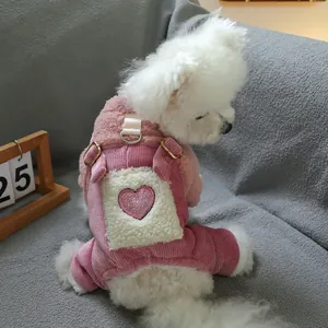 Detail of pink heart corduroy pet overalls with warm sherpa lining and metal D-ring