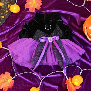Detail of Halloween pet dress with velvet bodice, purple mesh tutu and heart diamond bow