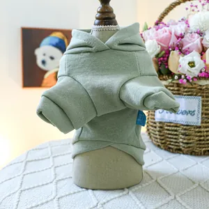 Close-up of green cotton pet hoodie on a wooden mannequin with soft knit texture details