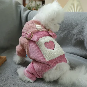 Pink heart pattern pet fleece shirt and corduroy overalls with D-ring for dogs and cats