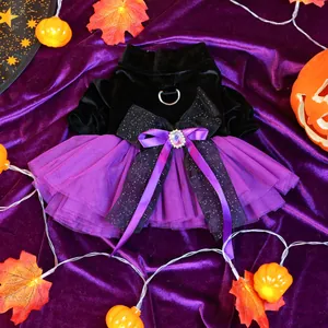 Halloween pet dress with black velvet top and purple mesh tutu skirt for dogs and cats