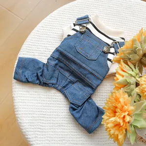 Dettaglio di salopette in denim per cani con maglia a righe su tappeto morbido