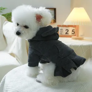 Detail of dark grey pet hoodie dress with pleated skirt design for small dogs and cats