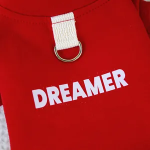 Detail der roten Hundeweste mit DREAMER-Aufdruck, Stricktextur und Metall-D-Ring-Haken