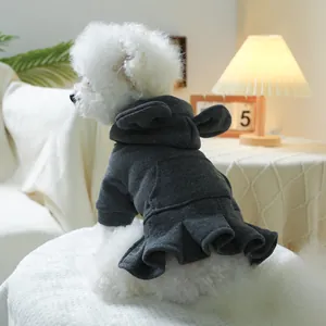 Detail of dark grey pet hoodie dress with ruffle hem and hood for small dogs