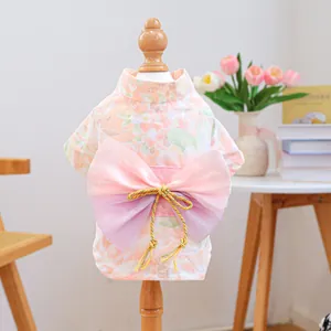 Japanese style pink floral pet kimono dress with a large organza bow and golden knot