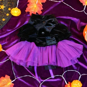 Detail of Halloween pet dress with black velvet bodice and purple mesh tutu skirt