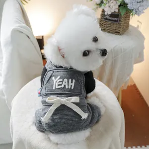 Dark grey waffle knit pet jumpsuit with YEAH embroidery and bow for dogs and cats