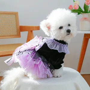 Detail of pet dress with black velvet top and lavender mesh polka dot layered skirt