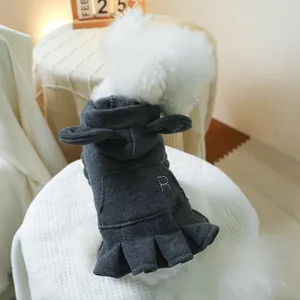 Detail of dark grey pet hoodie dress with rabbit ears hood and pleated skirt for small dogs