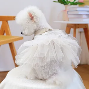 Robe beige à paillettes pour petits chiens avec tulle multicouche et bouton doré élégant