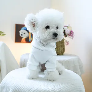 Detailed view of white hooded pet sweatshirt for small dogs made of soft fleece fabric