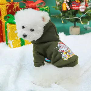Detail view of a green Christmas pet hoodie with Santa Claus print and warm cotton fabric