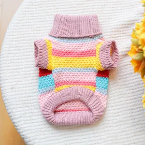 Detailed close-up of colorful striped knit pet sweater with ribbed collar for dogs and cats